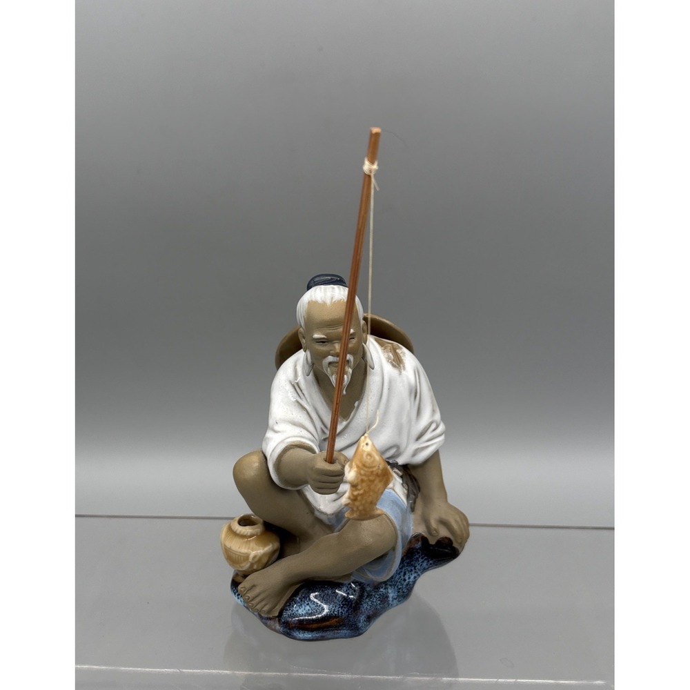 Vintage Shiwan Mudman Chinese Pottery Figurine‎ Statue Seated Man Fishing